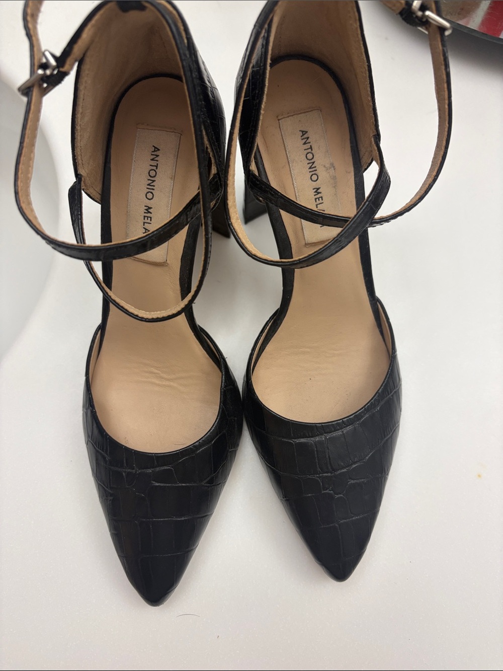 ANTONIO MELANI Black Croc-Embossed Pointed-Toe Ankle-Strap Pumps